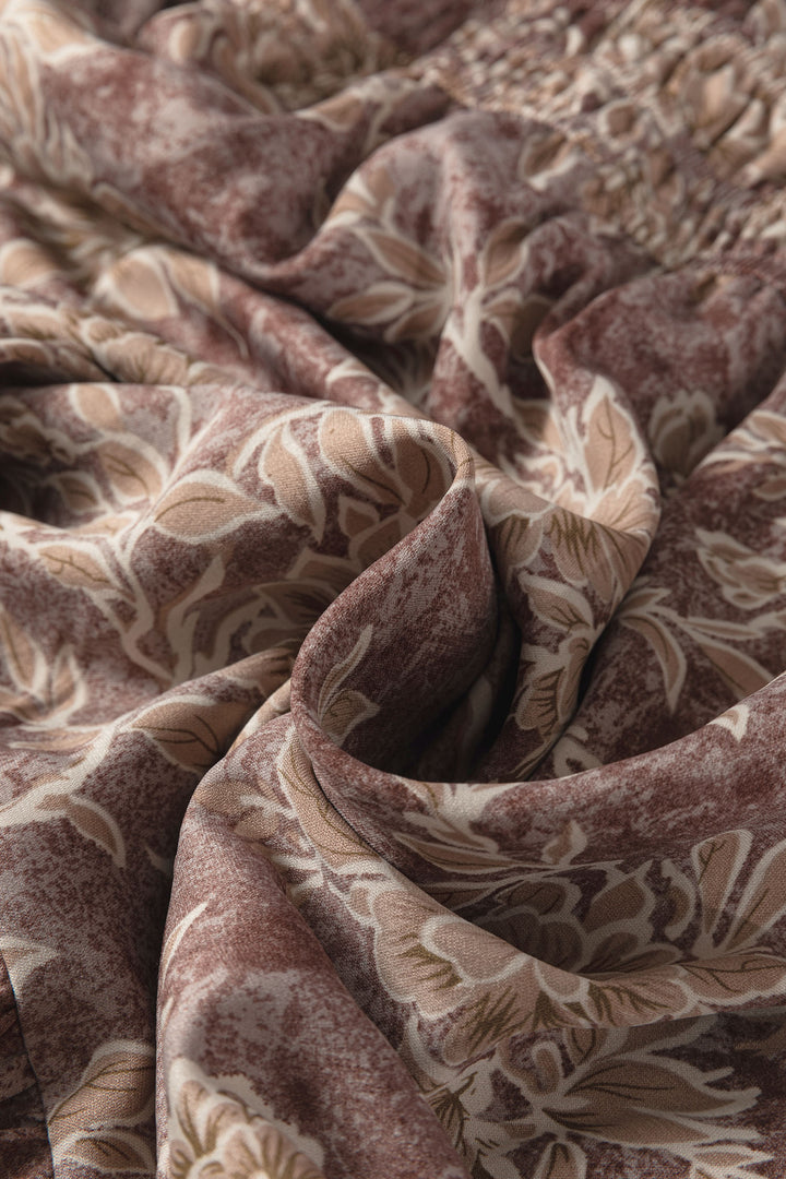 Brown Floral Print Smocked High Waist Long Sleeve Maxi Dress