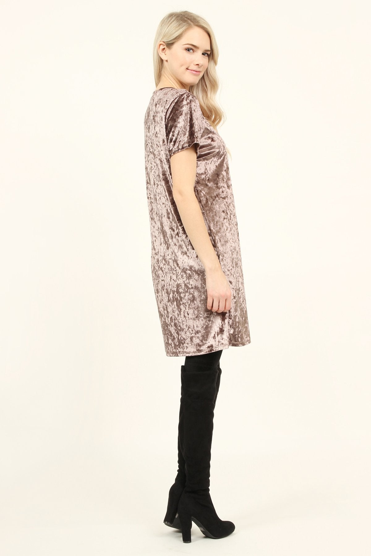 Short Sleeve Crushed Velvet Tunic Dress