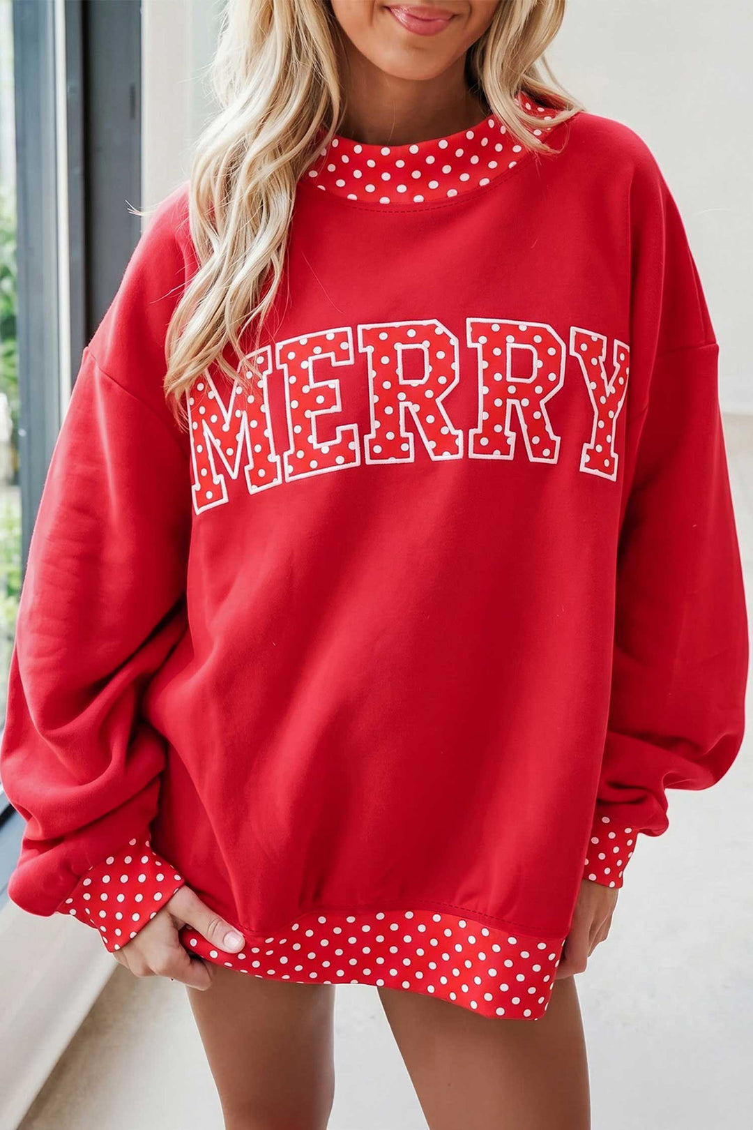 Fiery Red Polka Dot Letter Print Contrast Trim Mock Neck Sweatshirt