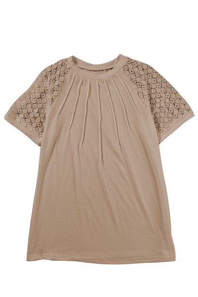 Pale Khaki Seamed Detail Contrast Lace Raglan Sleeve Tee