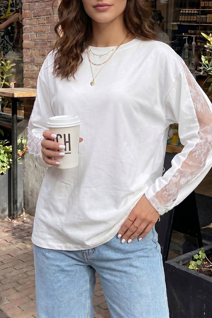 White Sheer Lace Splicing Long Sleeve Shift Top