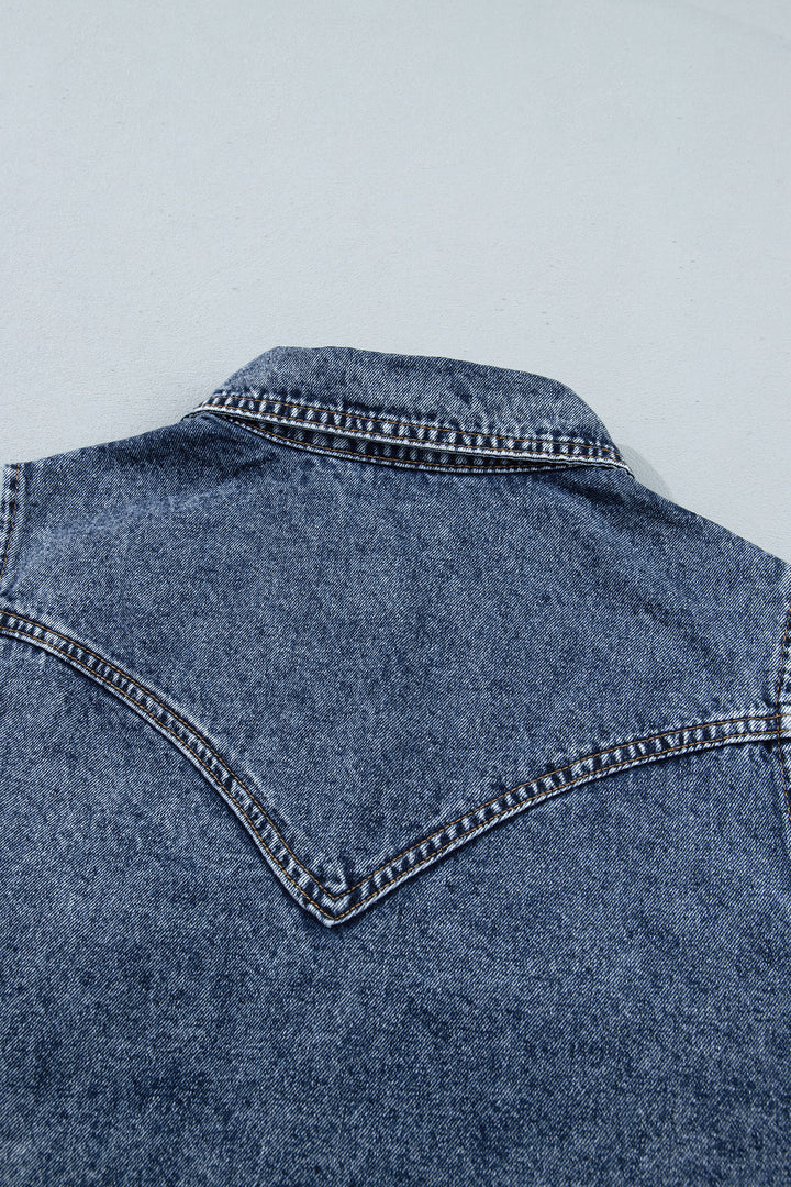 Ashleigh Blue Solid Denim Button Front Pocket Sleeveless Cowboy Vest