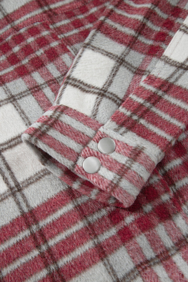 Red Plaid Flannel Metal Button Collar Long Sleeve Vintage Shift Jacket