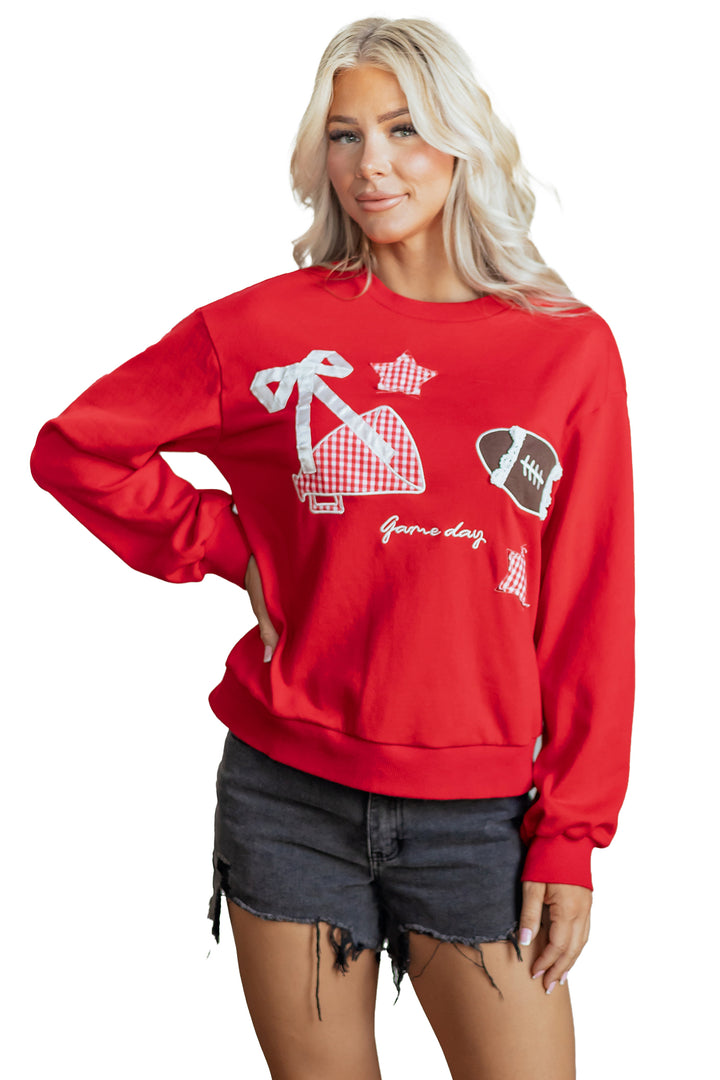 Black Gingham Patch Embroidered Rugby Game Day Stars Sweatshirt