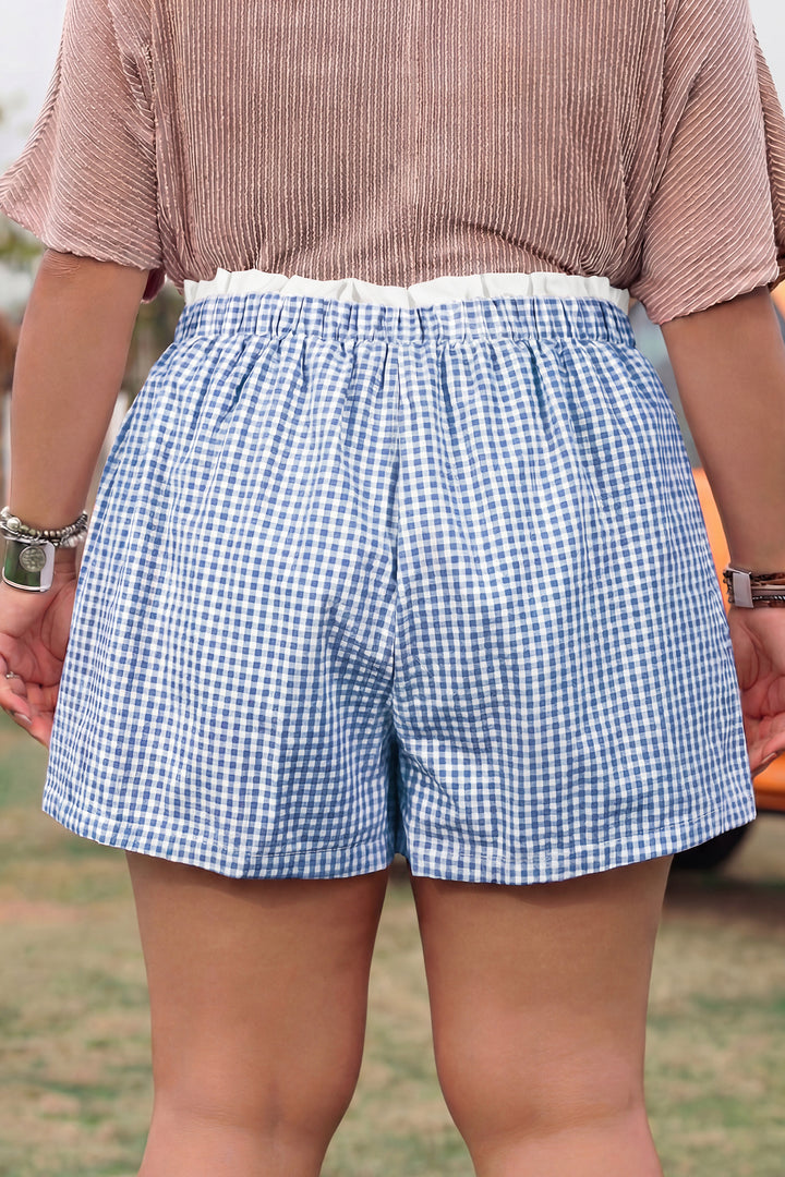Sky Blue Contrast Trim Plaid Print Plus Size Shorts