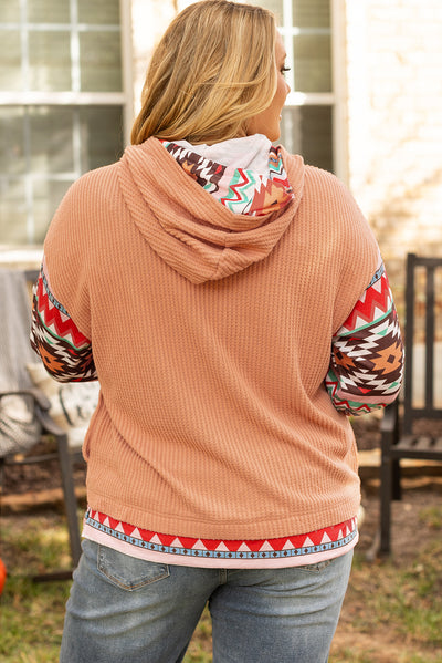 Khaki Aztec Patchwork Waffle Knit Plus Size Hoodie