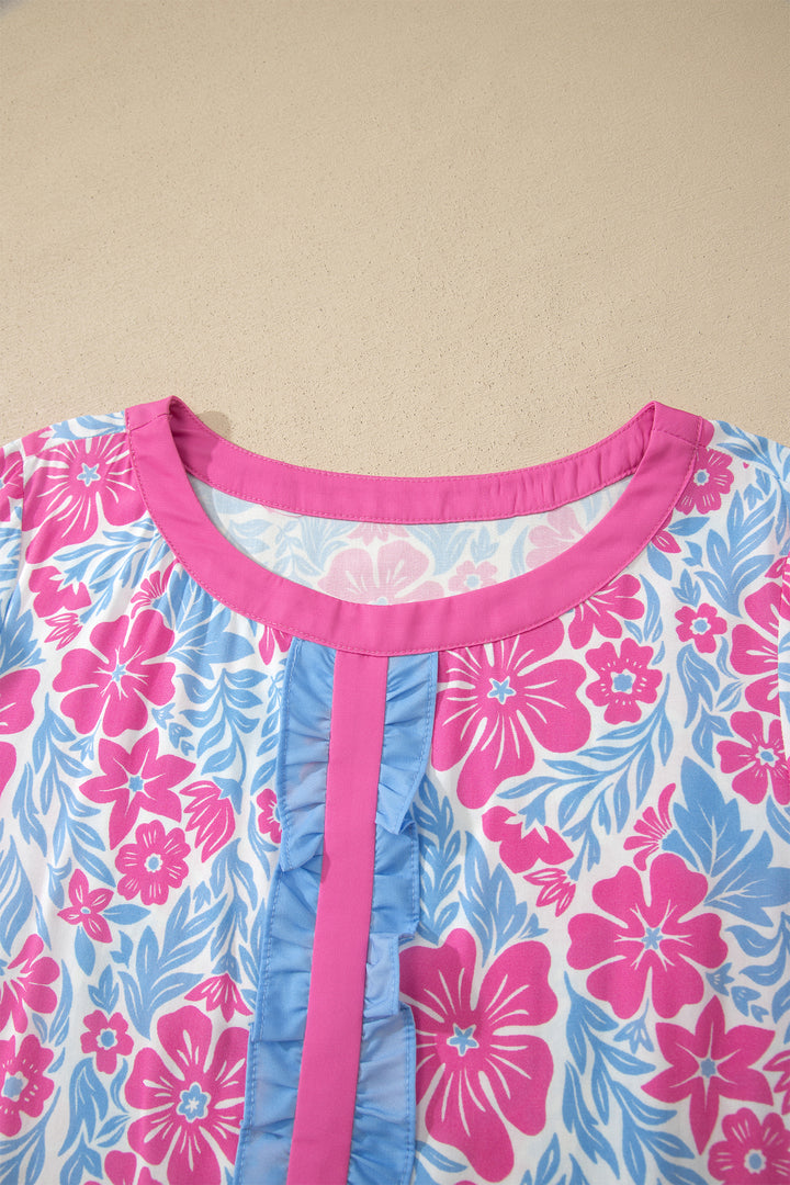 Sky Blue Floral Print Ruffled Color Block Trim Half Sleeve Blouse