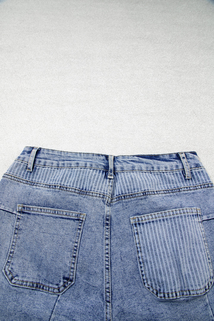 Sky Blue Striped Paisley Mixed Patchwork Raw Hem Denim Shorts