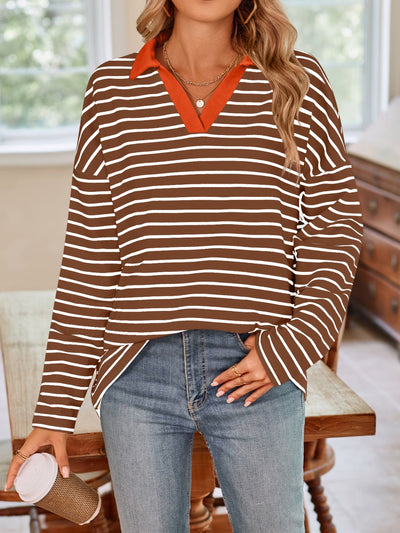 Lovelet Striped Johnny Collar Long Sleeve T-Shirt