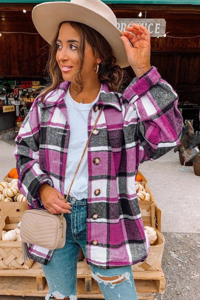 Gray Plaid Print Buttoned Shirt Jacket