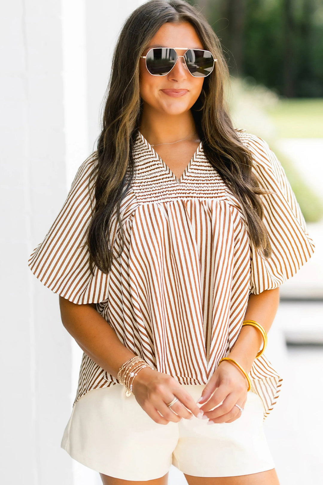 Brown Stripe Shirred V Neck Short Puff Sleeve Blouse