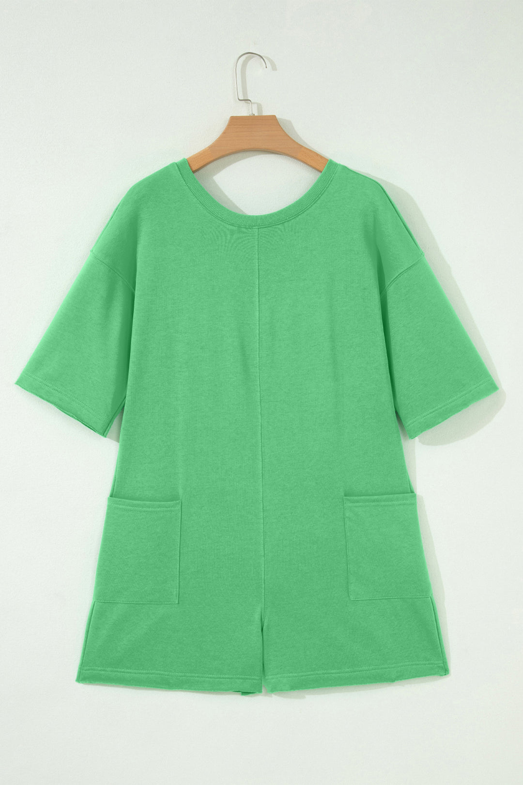 Bright Green Solid Color Raw Edge Half Sleeve Pocketed Loose Romper