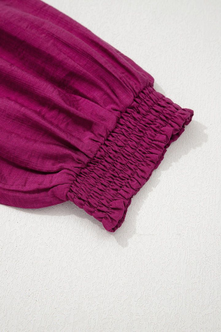 Wild Ginger Plus Size Contrast Trim Button V Neck Puffy Bracelet Sleeve Blouse