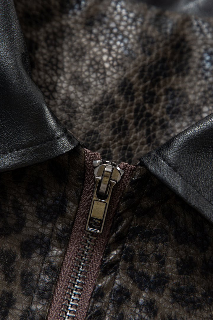 Multicolour Leopard Print Colorblock Collar Metal Placket Jacket