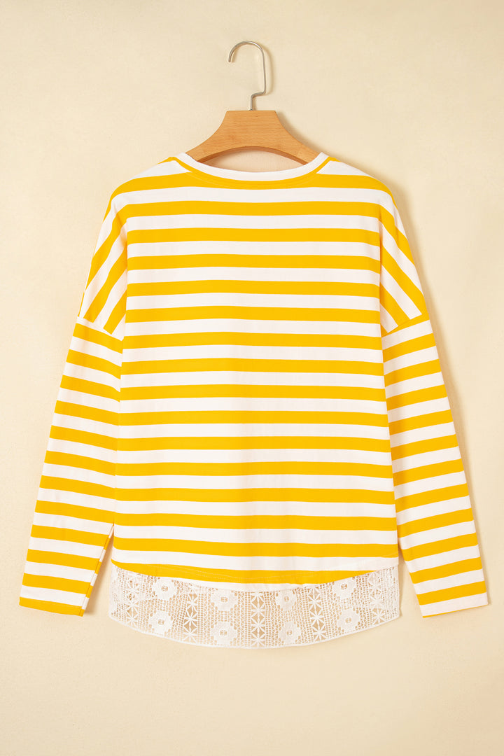Yellow Stripe Striped Lace Patchwork V Neck Long Sleeve Top
