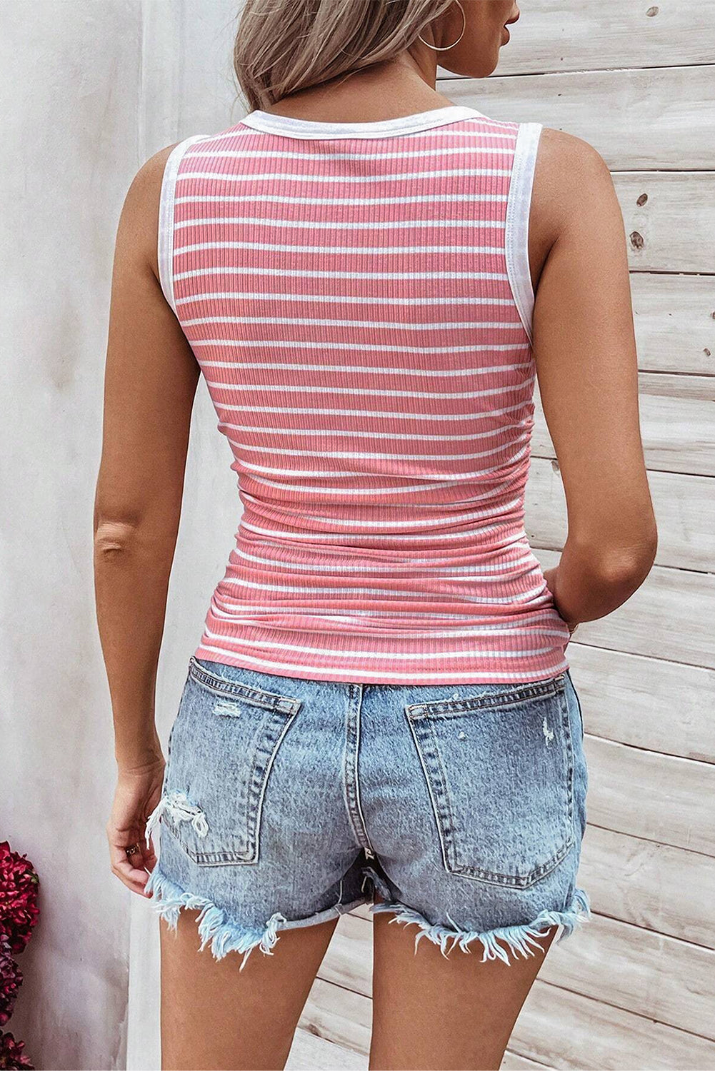 Pink Stripe Contrast Round Neck Sleeveless Slim Top