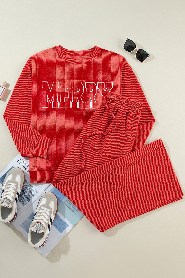 Racing Red MERRY Corded Long Sleeve Top and Pockets Pants Set