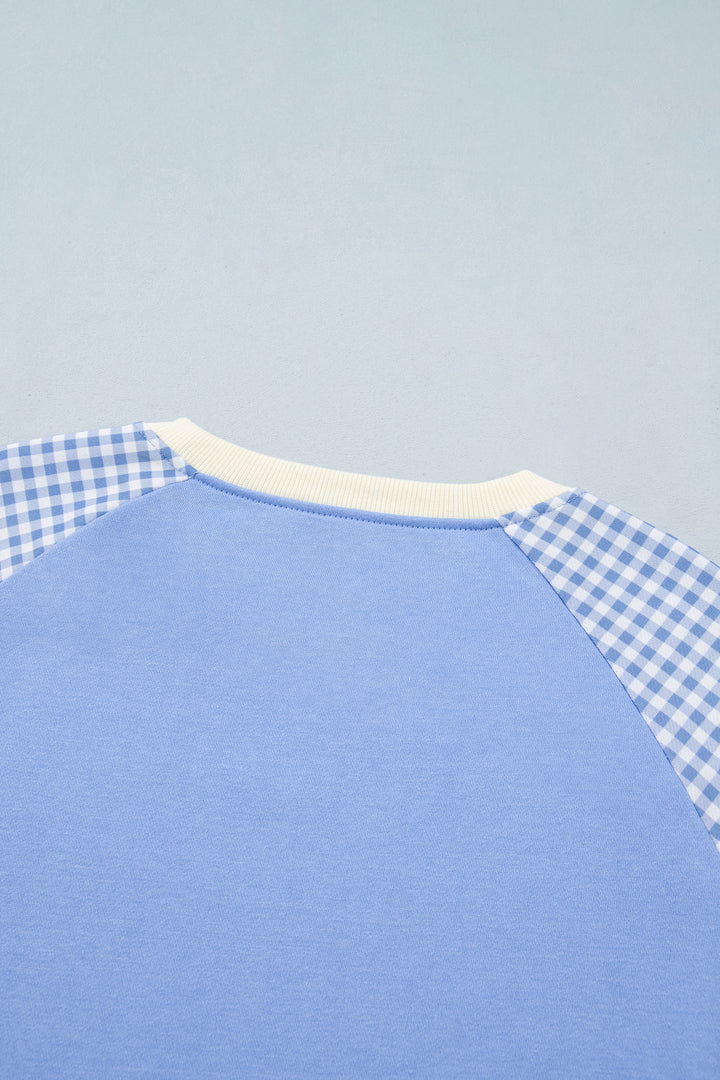 Beige Plaid Sleeve Colorblock Raglan Pullover Sweatshirt