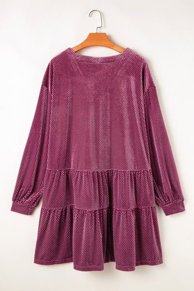 Meadow Mauve Plus Size Textured Velvet Tiered Buttons Tiered Dress