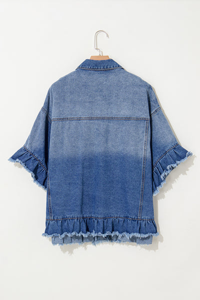 Peacock Blue Ruffled Frayed Short Sleeve Plus Size Denim Jacket