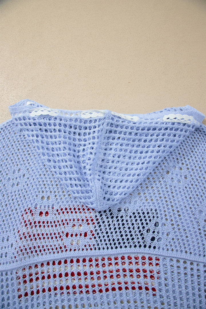 White Hollow Out Crochet Knit American Flag Patched Sweater Hoodie