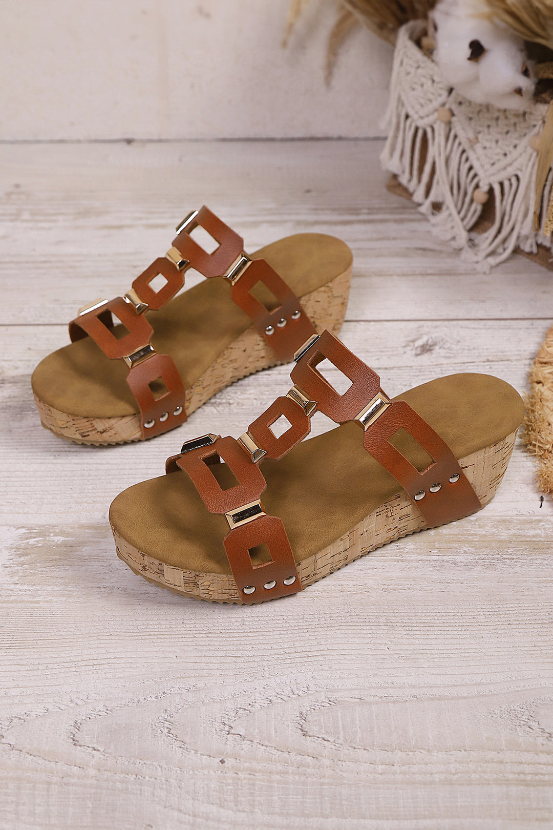 Coffee Retro Hollowed PU Leather Wedge Platform Slippers