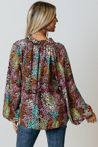 Multicolor Vibrant Floral Tie V Neck Puff Sleeve Blouse