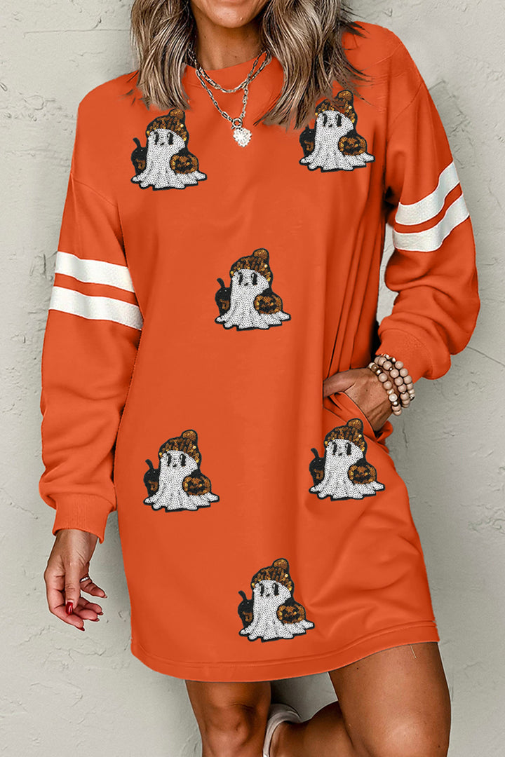 Orange Sequin Ghost Pattern Varsity Sleeve Sweatshirt Mini Dress with Pockets