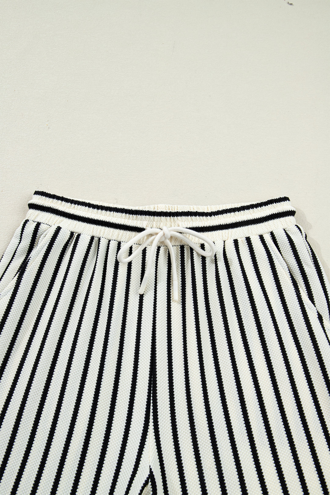 White Stripe Ruffle Trim Drop Shoulder Top Drawstring Loose Pant Set