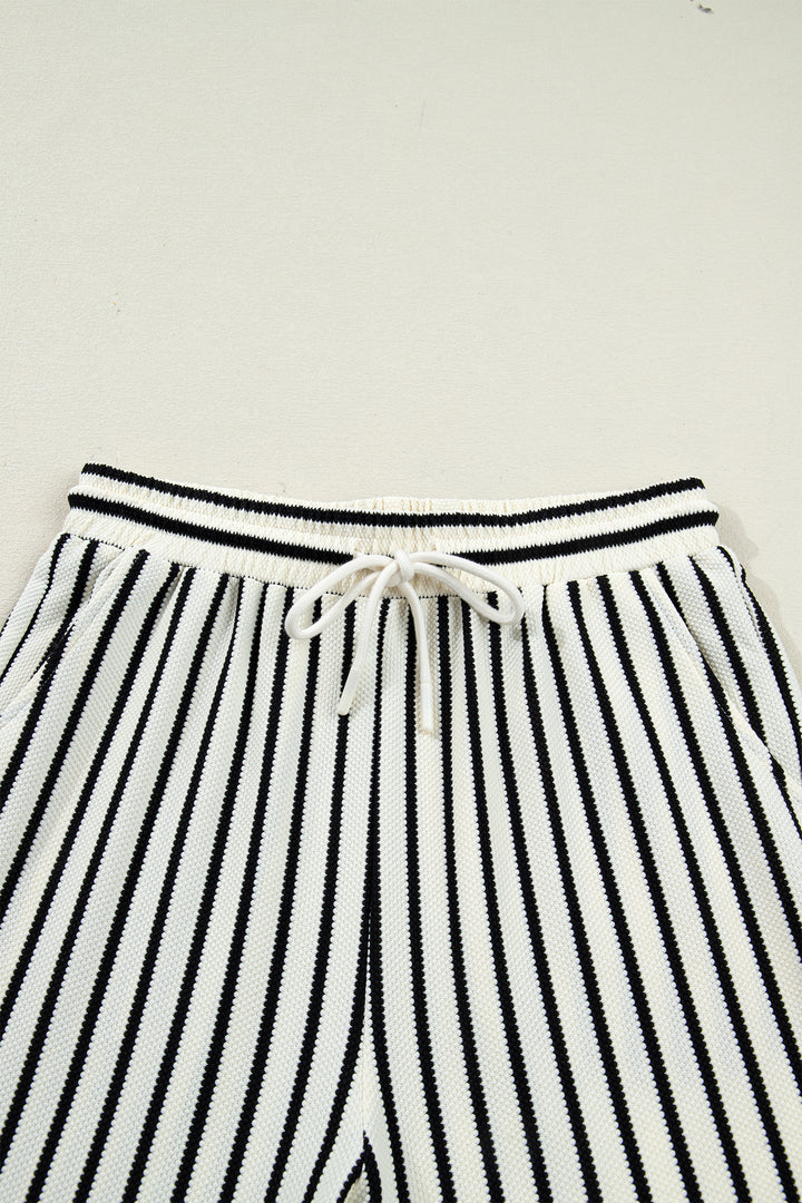 White Stripe Ruffle Trim Drop Shoulder Top Drawstring Loose Pant Set