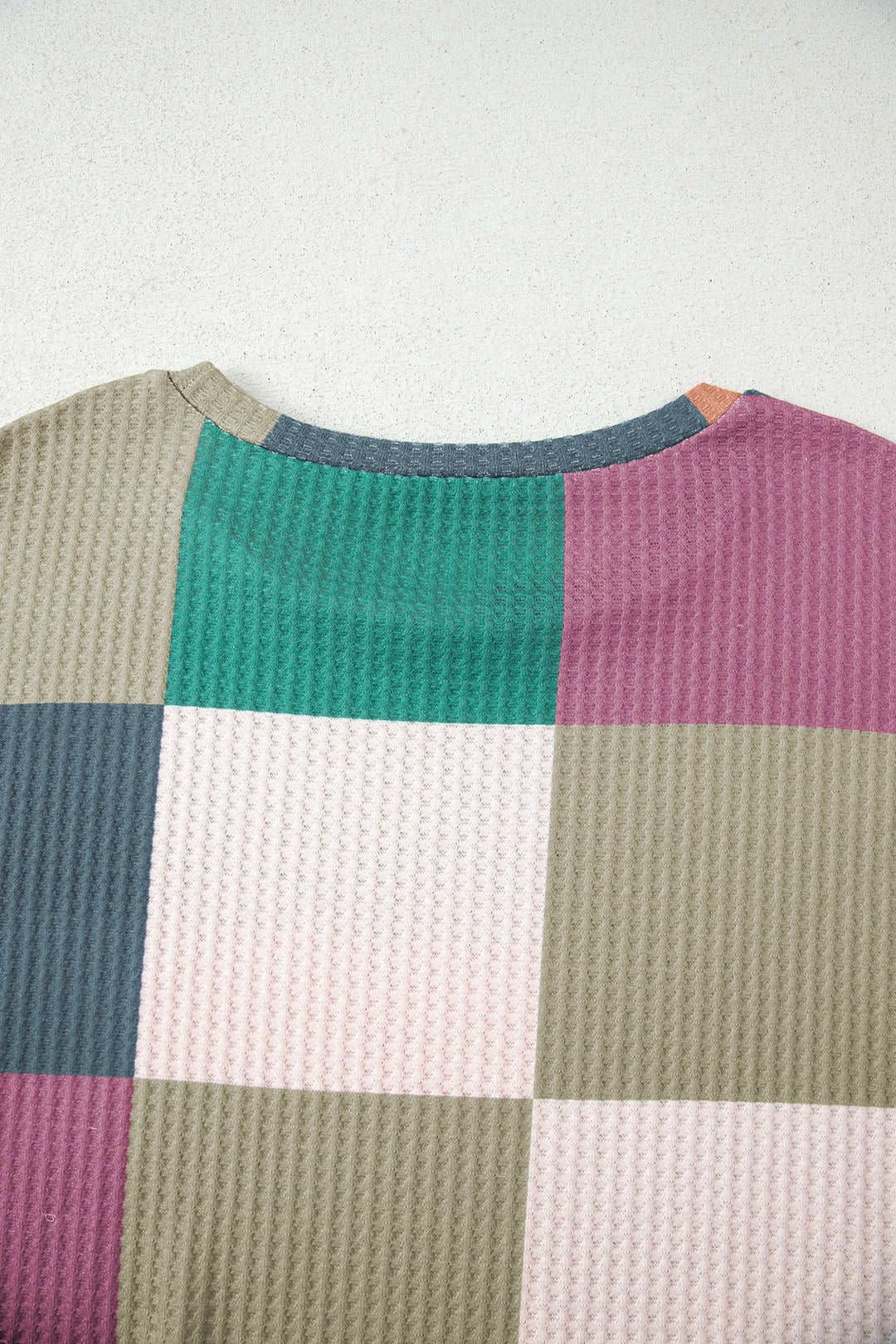 Green Checkered Print Textured Knit Long Sleeve Loose Top