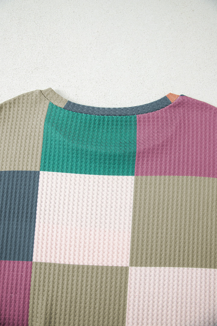 Green Checkered Print Textured Knit Long Sleeve Loose Top