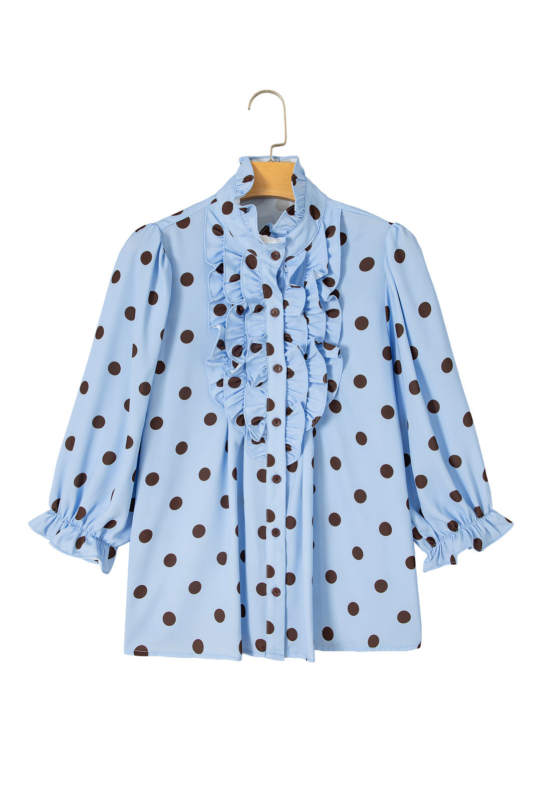 Black white Polka Dot Striped Print Ruffle Stand Neck 3/4 Sleeve Shift Shirt