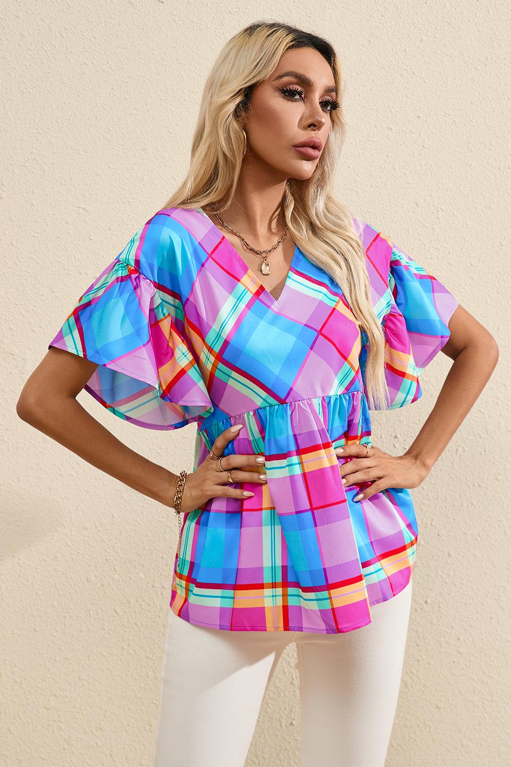 Sky Blue Colorful Plaid V Neck Ruffled Short Sleeve Babydoll Top