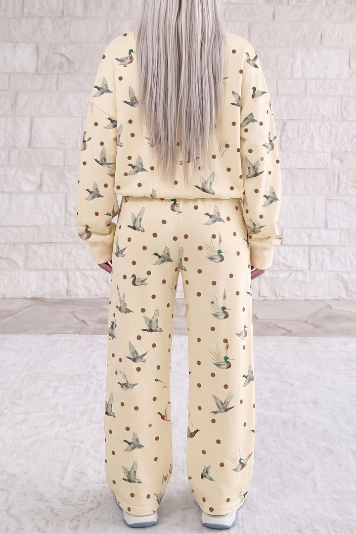 Beige Polka Dot Mallard Print Crewneck Pullover Two Piece Pants Set