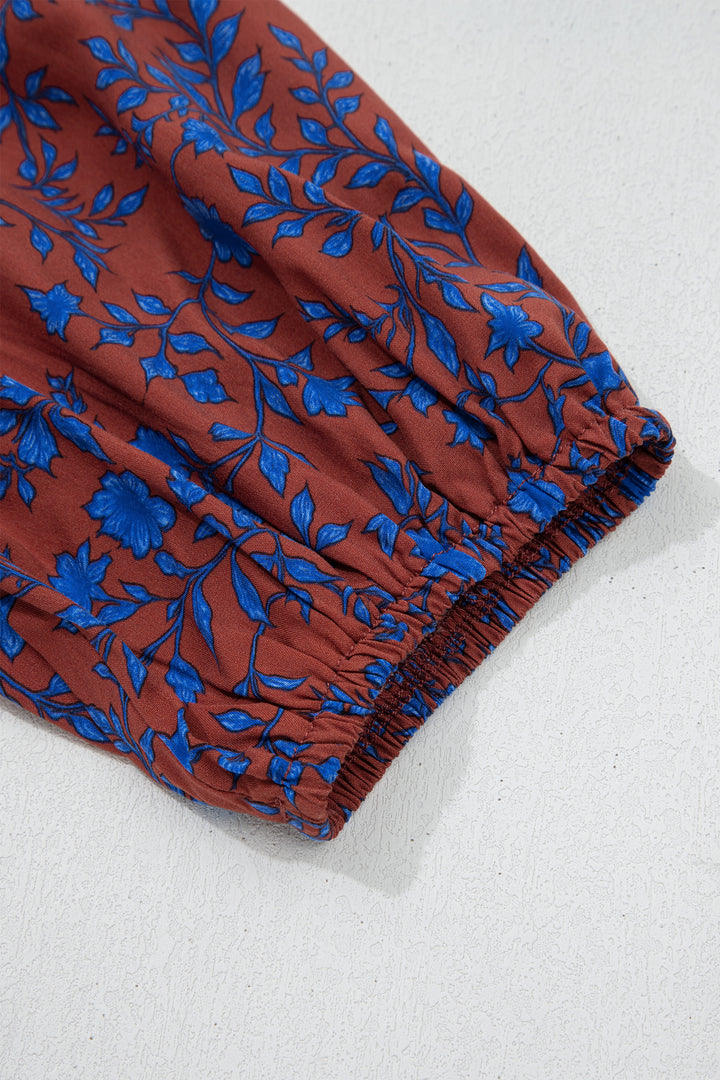 Brown 3/4 Puff Sleeve Tiered Loose Floral Dress