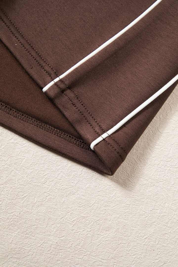 Coffee Sporty Piping Trim Mock Neck Pullover Relaxed 2pcs Pant Set
