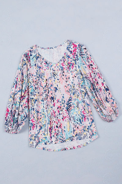 Blue Floral Print Puffy Sleeve Loose Blouse