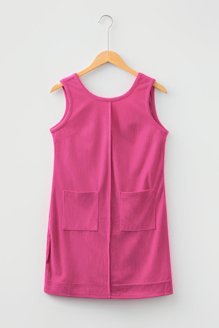 Rose Red Corduroy Sleeveless Mini Dress With Patched Pockets