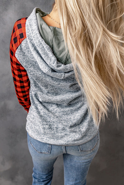 Red Plaid Splicing Kangaroo Pocket Buttoned Hoodie