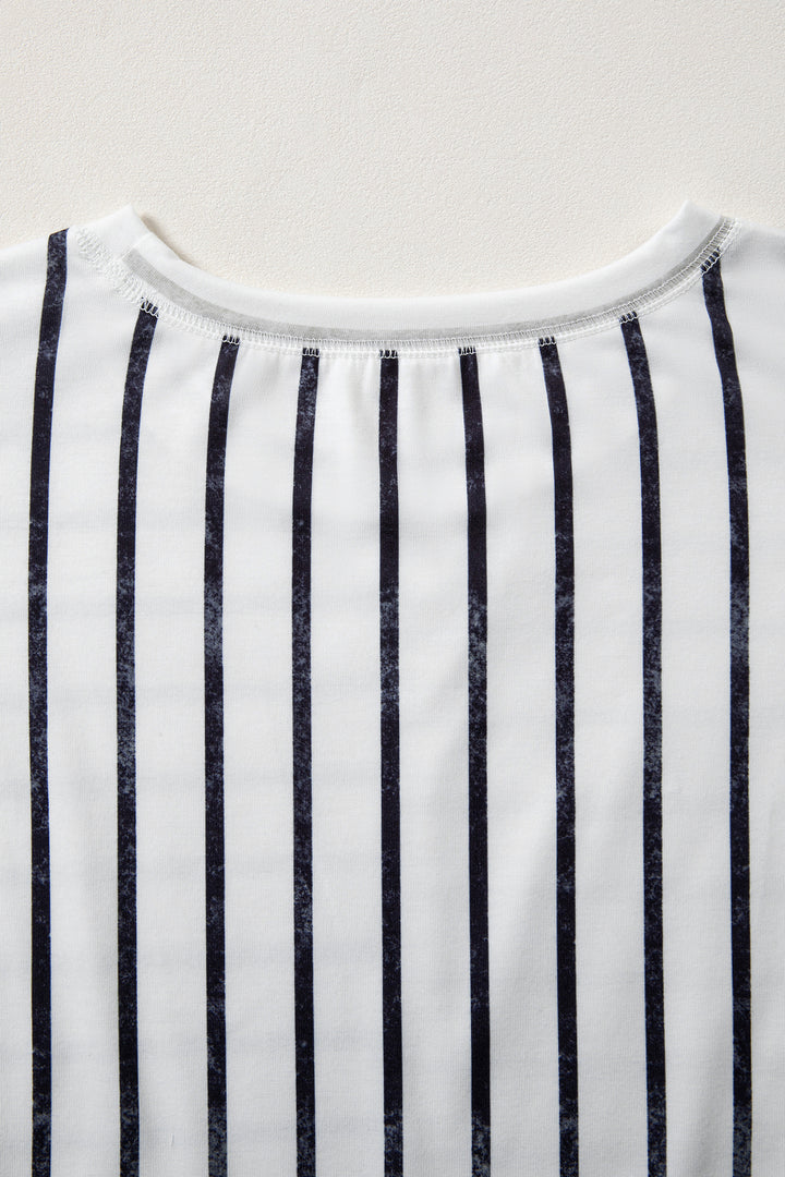 Khaki Stripe Colorblock 3/4 Sleeve Loose T Shirt