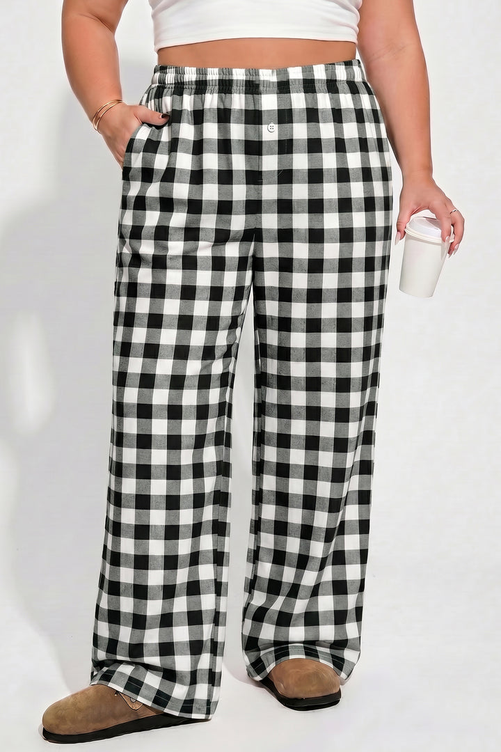 Black Plus Size Plaid Pattern Elastic Waist Shift Pants