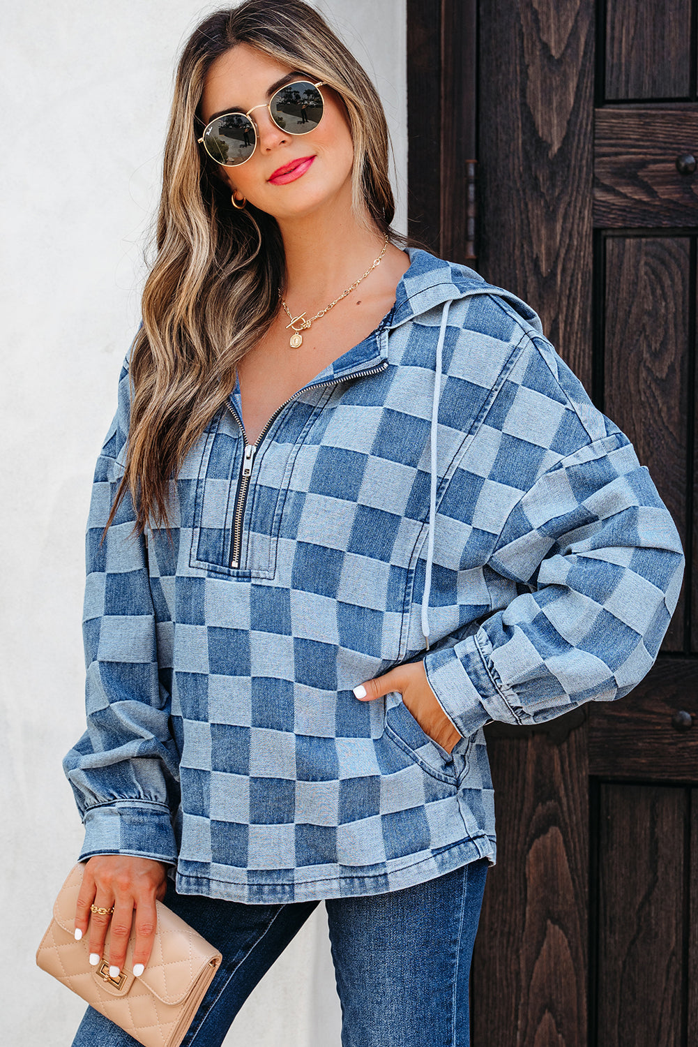 Taracella Checkerboard Zipped Kangaroo Hoodie