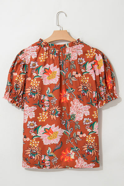 Brown Floral Stitched V Neck Frilled Trim Puff Short Sleeve Blouse