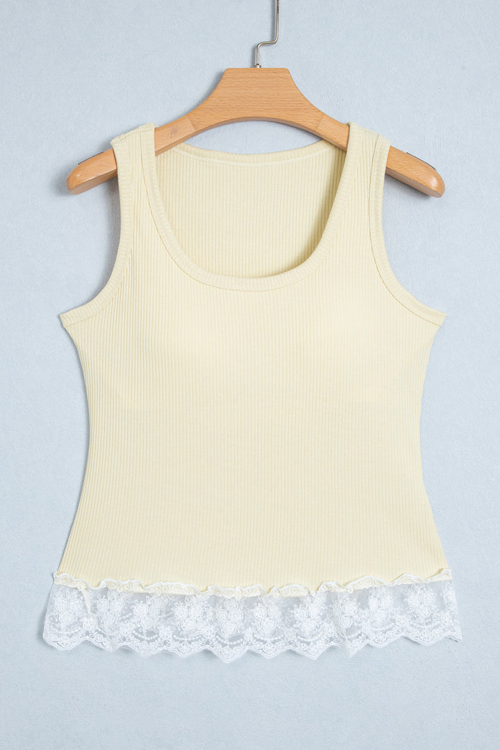 Beige Ribbed Knit Sweet Lace Hem Vest