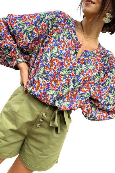 Multicolor Floral Balloon Sleeve Loose Blouse