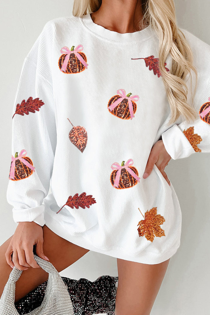 White Sequin Pumpkin Leaf Corded Ribbed Oversized Sweatshirt