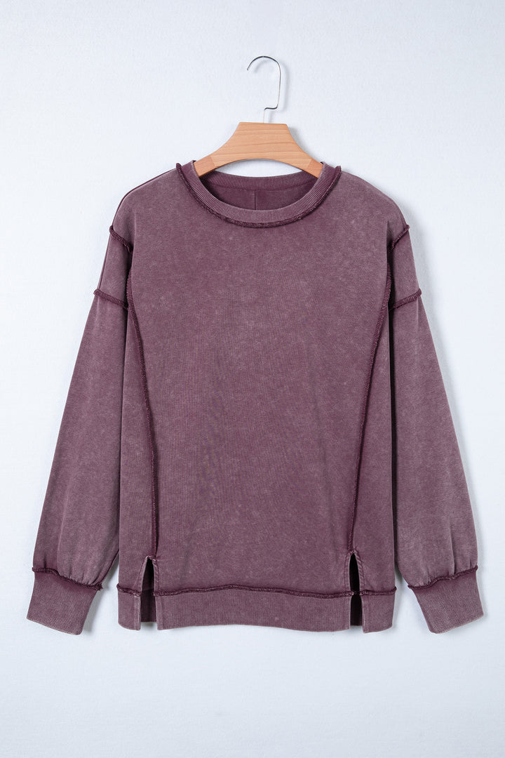 Red Sandalwood Mineral Wash Exposed Seam Side Slit Sweatshirt