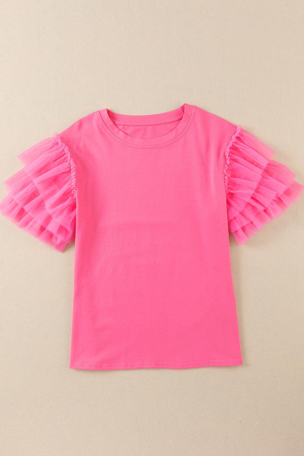 Pink Tulle Ruffle Sleeve Blouse