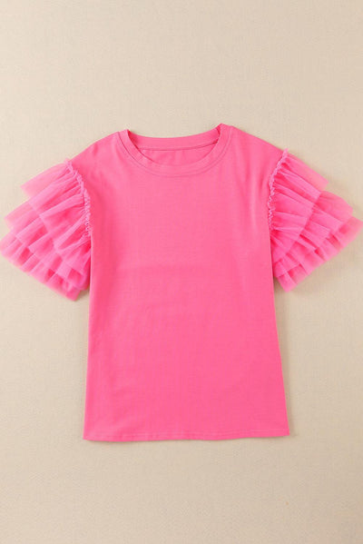 Pink Tulle Ruffle Sleeve Blouse